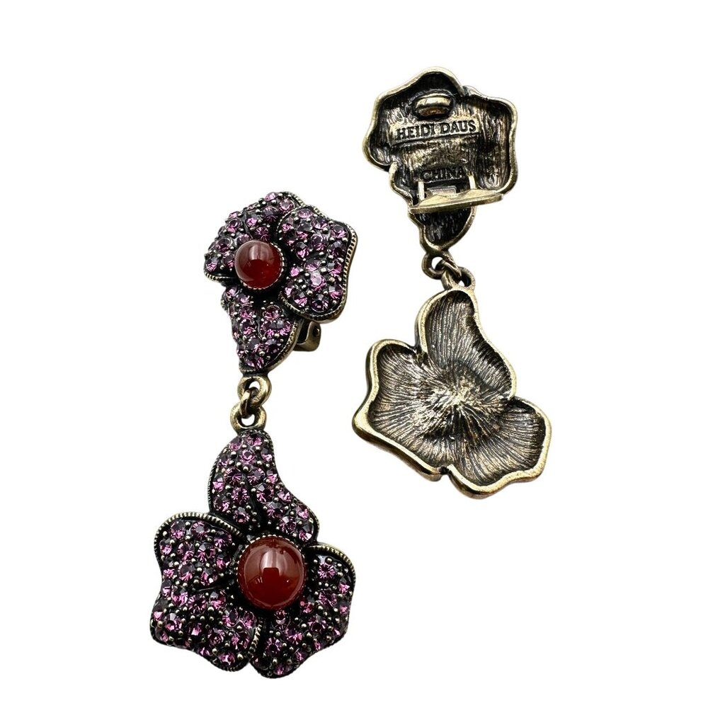 Heidi Daus Purple Crystal Red Carnelian Bronze Clip Earrings Chandelier 2 Inch - Picture 3 of 3